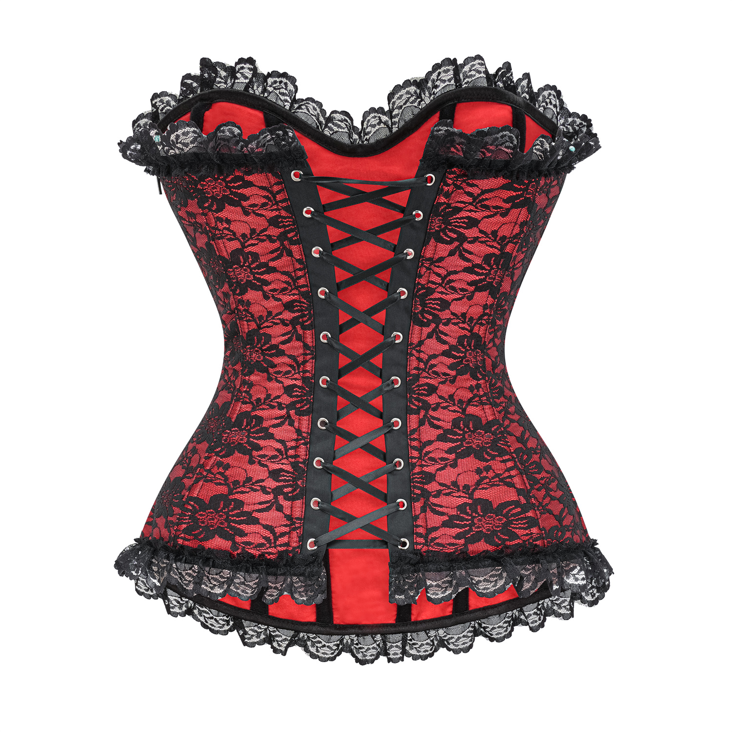 Womens Gothic Lace-Up Overbust Corset with Floral Jacquard and Lace Trim